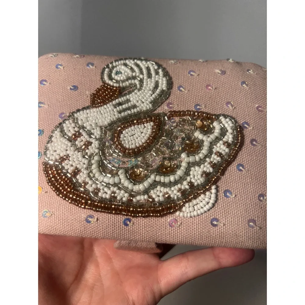 Handcrafted Beaded Swan Jewelry Box Pink Sequin Travel Case Made in India